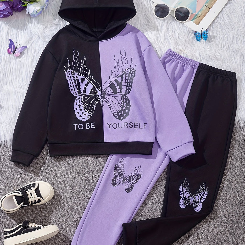 Girl's Butterfly Pattern Outfit 2pcs, Hoodie & Sweatpants Set, TO BE YOURSELF Print Kid's Color Clash Clothes For Spring Fall outdoors