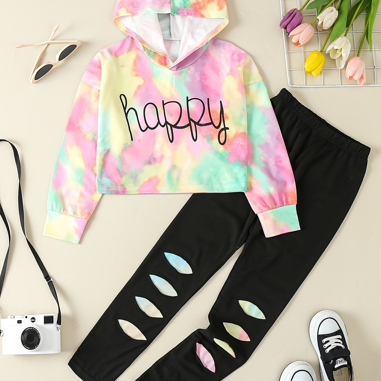 Girls' Tie-Dye Hoodie & Leggings Set - "HAPPY" Print, Stretchy Polyester Blend, Long Sleeve, Casual Sporty Look for Youngsters - Perfect for Fall/Winter, Clothes for Girls, Perfect for Outdoor