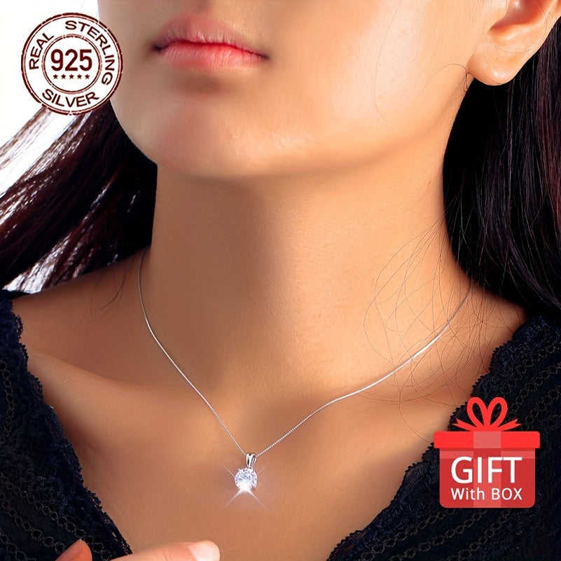 Gift Box Style 1pc S925 Silver Women's Fashion Pendant Necklace 3.14g/0.111oz Classic Shiny Ice Chip Synthetic Zirconia Inlay Elegant Neck Jewelry Best Valentine's Day Gift for Lover Collarbone Chain Necklace Surprise Daily P