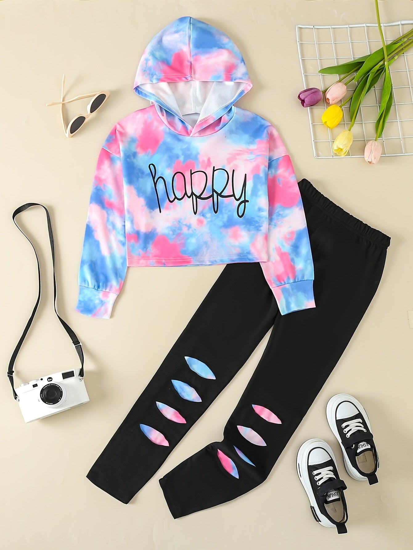 Girls' Tie-Dye Hoodie & Leggings Set - "HAPPY" Print, Stretchy Polyester Blend, Long Sleeve, Casual Sporty Look for Youngsters - Perfect for Fall/Winter, Clothes for Girls, Perfect for Outdoor
