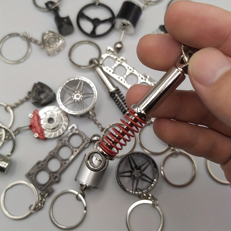 10pcs Car Enthusiast Keychain Set - Zinc Alloy, Casual Style with Gear Shift, Turbo, Wheel Hubs & More - Perfect Gift for Auto Lovers, Car Accessories, Shock Absorber, Engine Parts, Brake Disc, Piston
