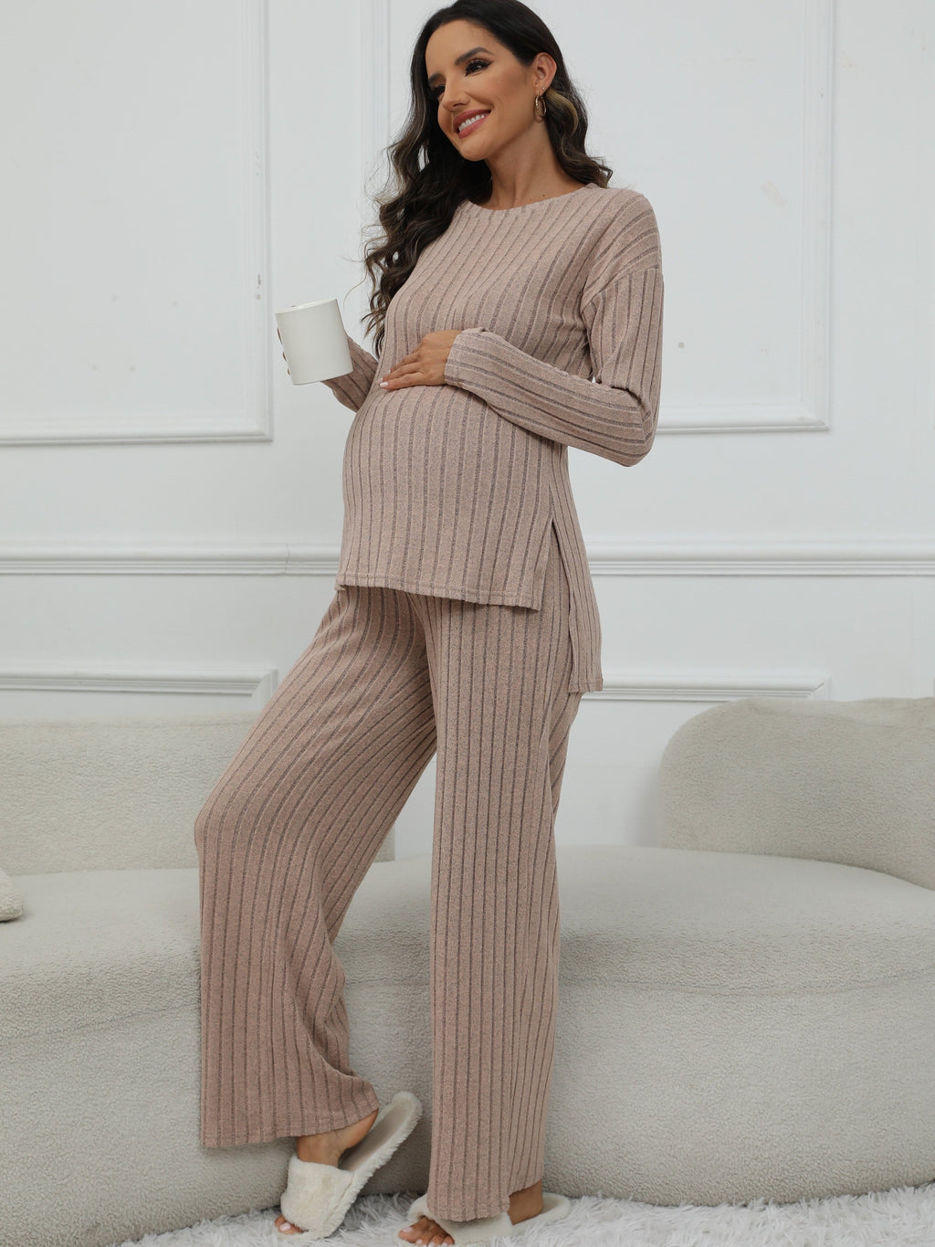 Women's Maternity Solid Textured T-shirt & Pants Set Fall Winter, Pregnant Women's Clothing