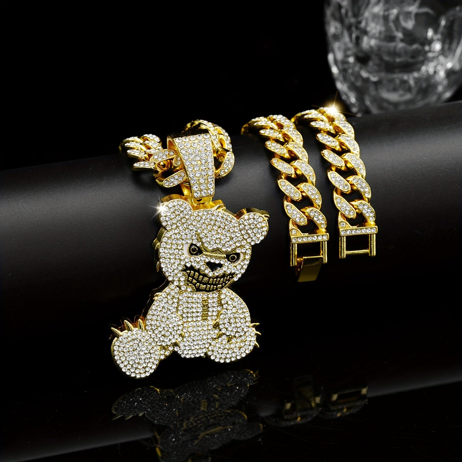 Men's Fashion Beast Bear Pendant Necklace with Rhinestone Studded Cuban Chain - Hip Hop Street Style Jewelry for Party, Festival Wear, Unisex Gift Idea (Includes 1 Pendant)