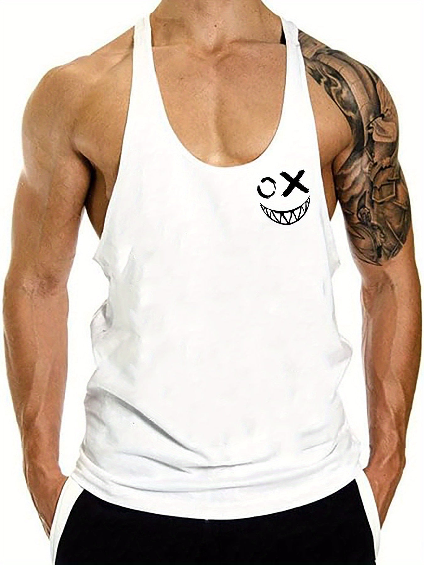 Creative Smile Face Print Men's Quick Dry Moisture-Wicking Breathable Racerback Tops Athletic Gym Bodybuilding Muscle Men Sports Sleeveless Vest For Workout Running Training Men's Clothes