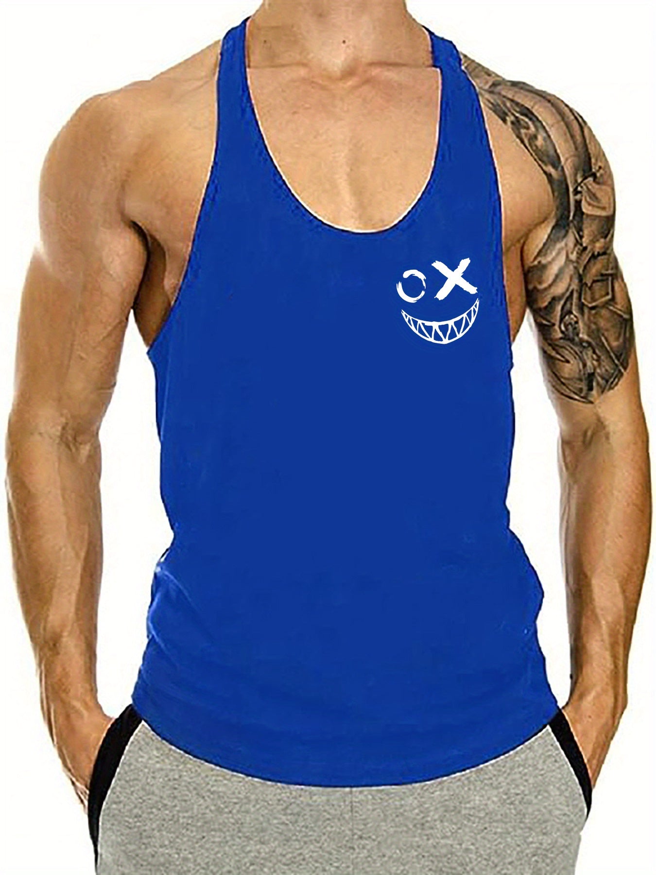 Creative Smile Face Print Men's Quick Dry Moisture-Wicking Breathable Racerback Tops Athletic Gym Bodybuilding Muscle Men Sports Sleeveless Vest For Workout Running Training Men's Clothes