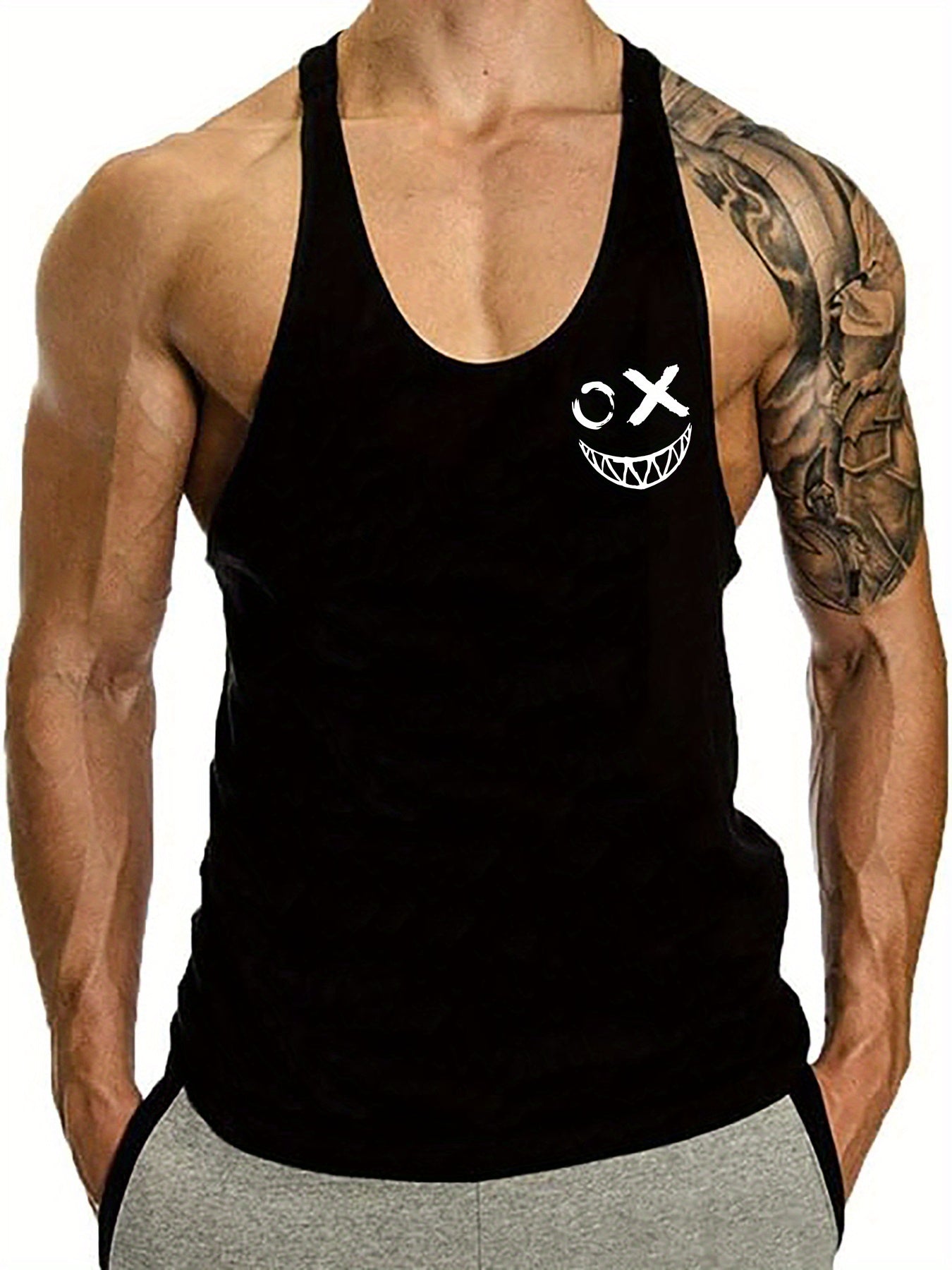 Creative Smile Face Print Men's Quick Dry Moisture-Wicking Breathable Racerback Tops Athletic Gym Bodybuilding Muscle Men Sports Sleeveless Vest For Workout Running Training Men's Clothes