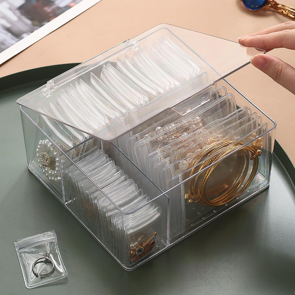 Briartw 3-in-1 Acrylic Jewelry Organizer with 60 Portable Bags - Plastic Storage Box for Earrings, Rings, Necklaces, Bracelets - Travel-Friendly Jewelry Organizer with Dividers