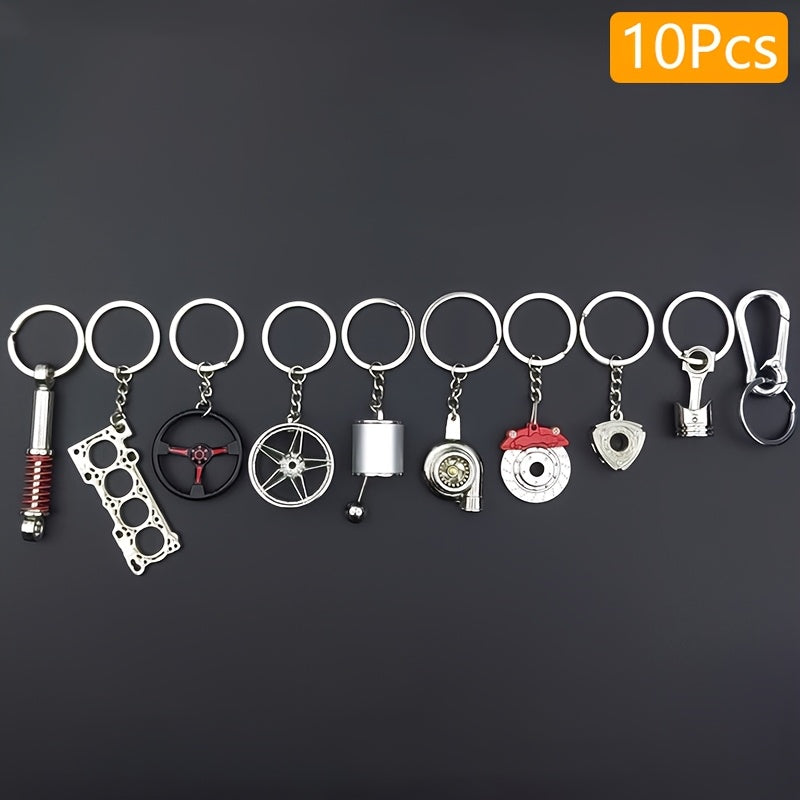 10pcs Car Enthusiast Keychain Set - Zinc Alloy, Casual Style with Gear Shift, Turbo, Wheel Hubs & More - Perfect Gift for Auto Lovers, Car Accessories, Shock Absorber, Engine Parts, Brake Disc, Piston