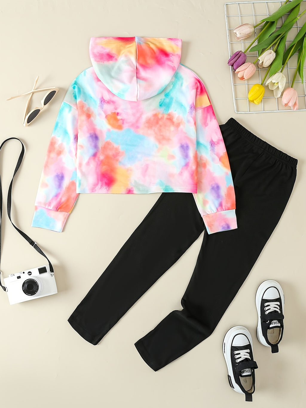 Girls' Tie-Dye Hoodie & Leggings Set - "HAPPY" Print, Stretchy Polyester Blend, Long Sleeve, Casual Sporty Look for Youngsters - Perfect for Fall/Winter, Clothes for Girls, Perfect for Outdoor