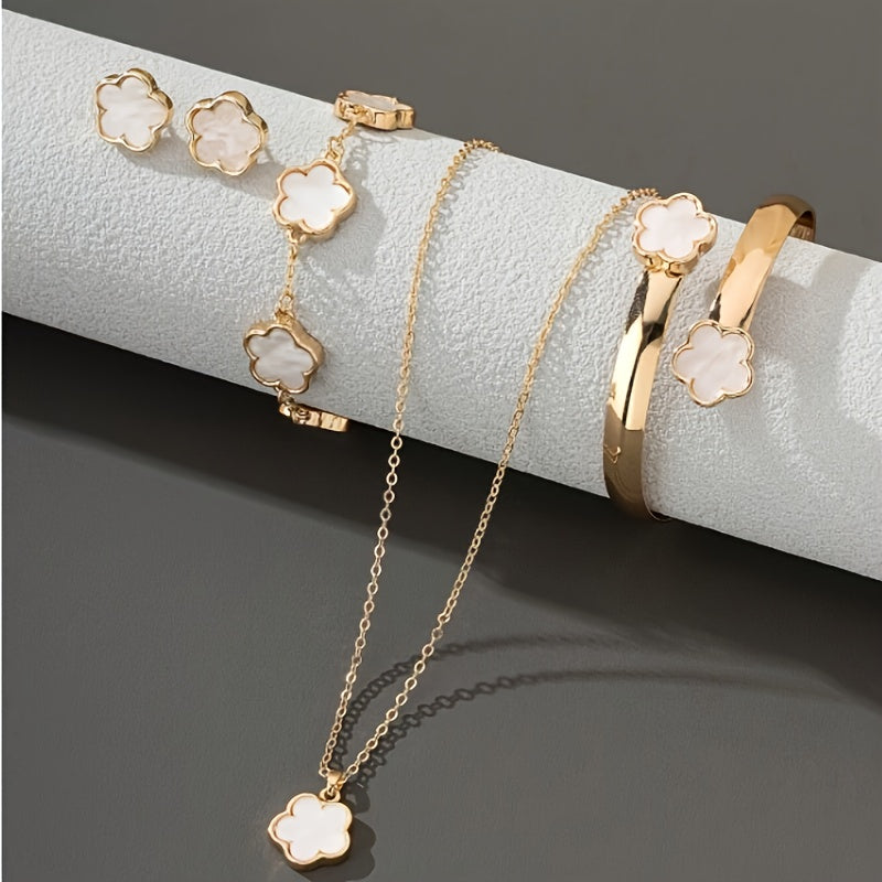 Stud Earrings + Necklace + Bracelet + 1 Bangle Chic Jewelry Set Lucky Flower Design Match Daily Outfits Party Accessories