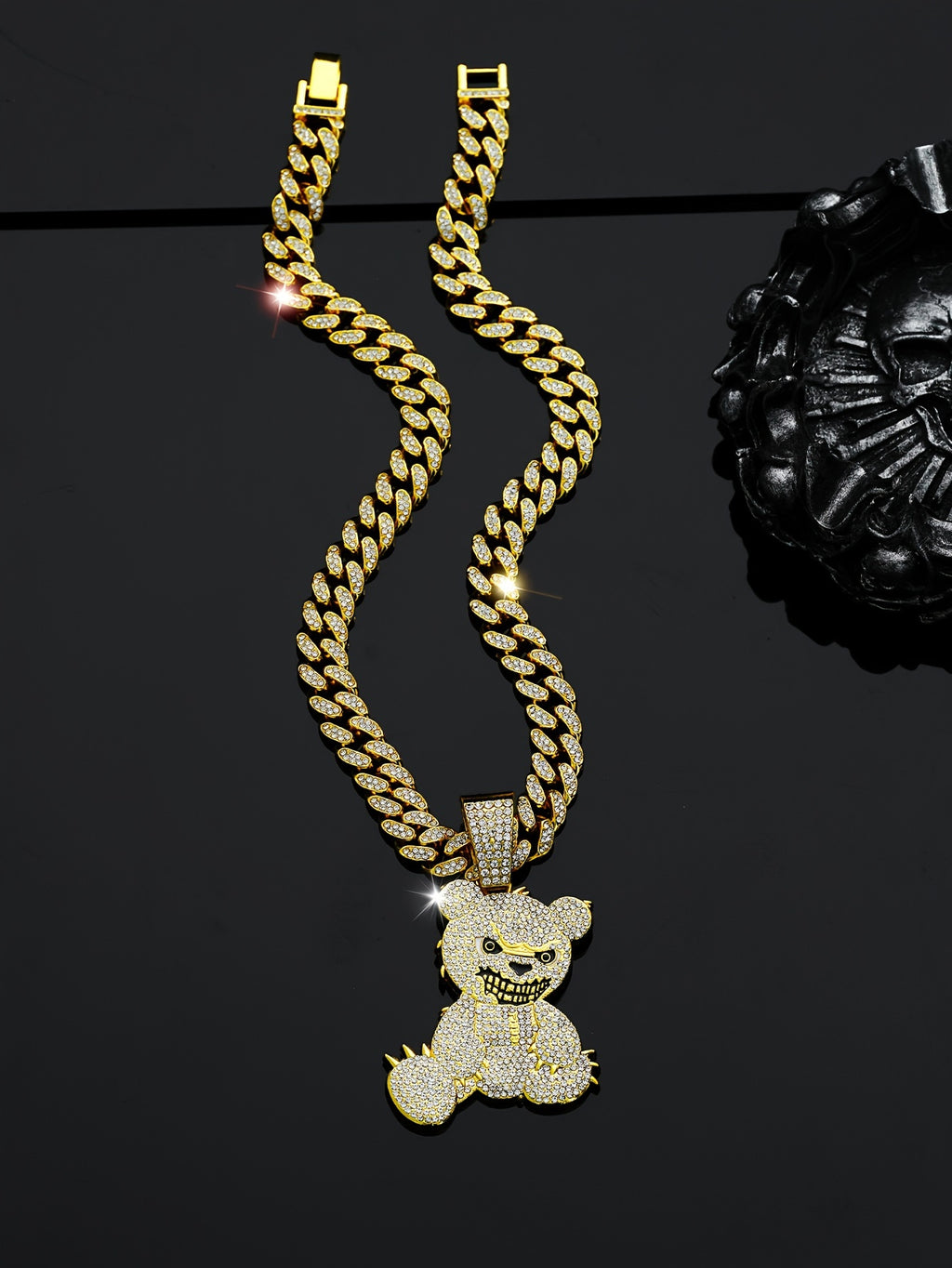 Men's Fashion Beast Bear Pendant Necklace with Rhinestone Studded Cuban Chain - Hip Hop Street Style Jewelry for Party, Festival Wear, Unisex Gift Idea (Includes 1 Pendant)