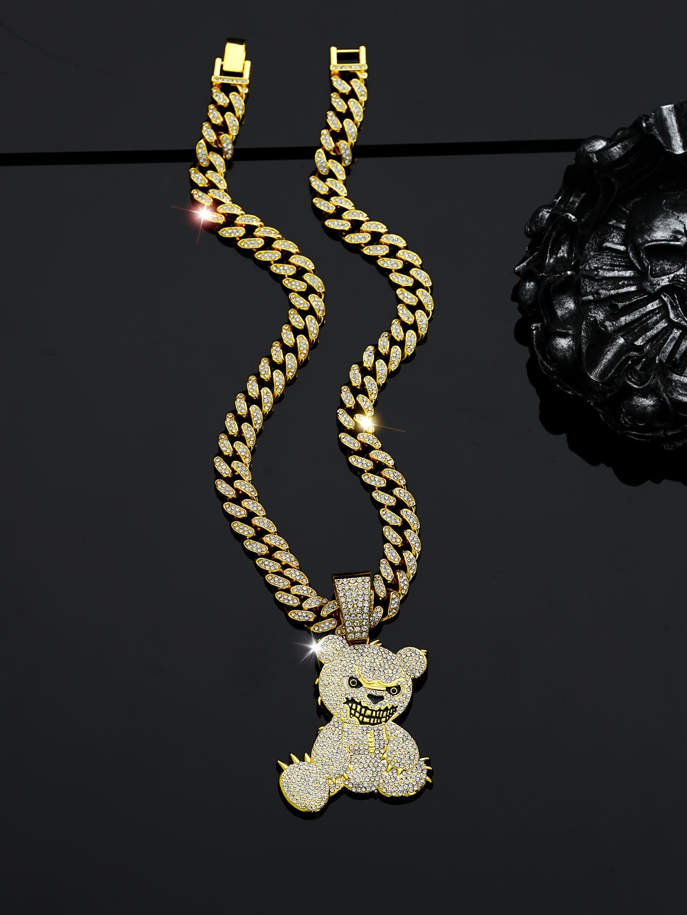 Men's Fashion Beast Bear Pendant Necklace with Rhinestone Studded Cuban Chain - Hip Hop Street Style Jewelry for Party, Festival Wear, Unisex Gift Idea (Includes 1 Pendant)