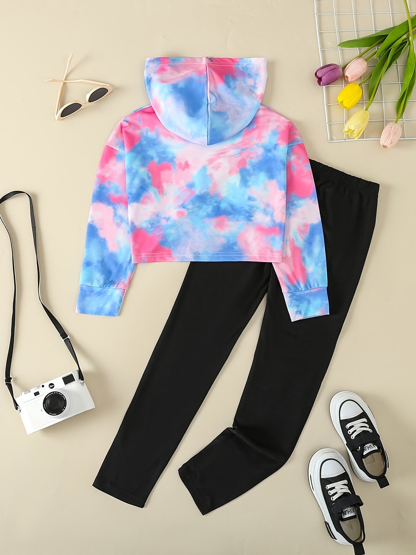 Girls' Tie-Dye Hoodie & Leggings Set - "HAPPY" Print, Stretchy Polyester Blend, Long Sleeve, Casual Sporty Look for Youngsters - Perfect for Fall/Winter, Clothes for Girls, Perfect for Outdoor