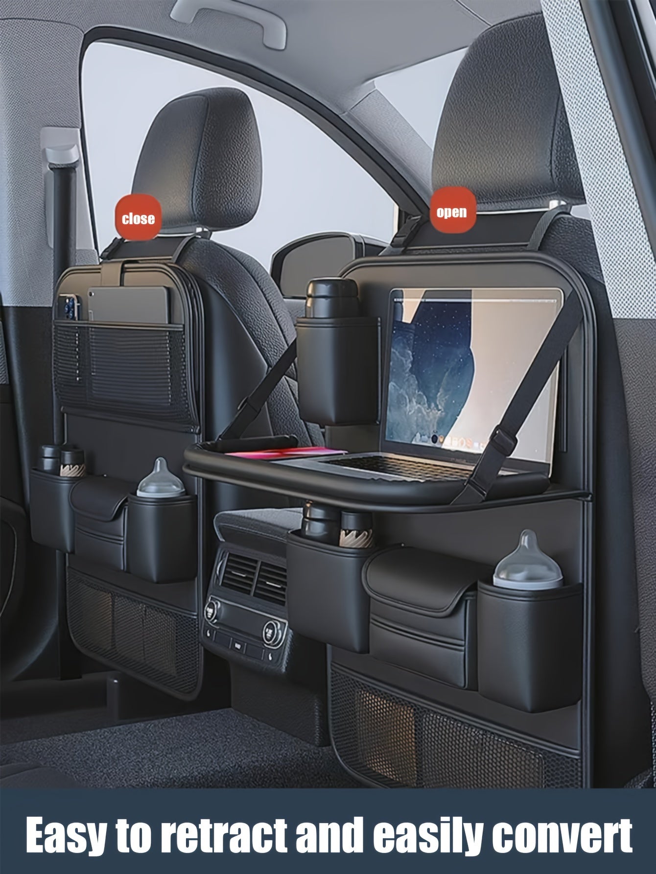 PU Leather Car Seat Back Hanging Storage Bag, Car Storage Bag With Folding Table, Multi-functional Storage Bag, Car Accessories