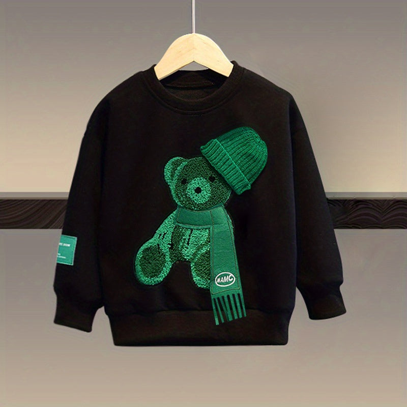 2pcs Boy's Beanie Bear Patched Outfit, Sweatshirt & Sweatpants Set, Trendy Long Sleeve Top, Kid's Clothes For Spring Fall Daily & Outdoor Wear, As Gift