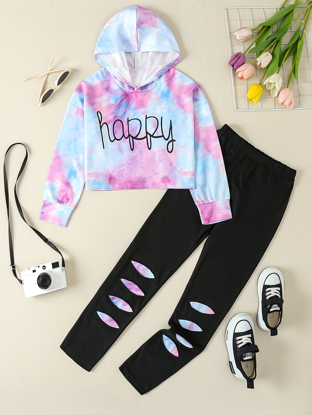 Girls' Tie-Dye Hoodie & Leggings Set - "HAPPY" Print, Stretchy Polyester Blend, Long Sleeve, Casual Sporty Look for Youngsters - Perfect for Fall/Winter, Clothes for Girls, Perfect for Outdoor
