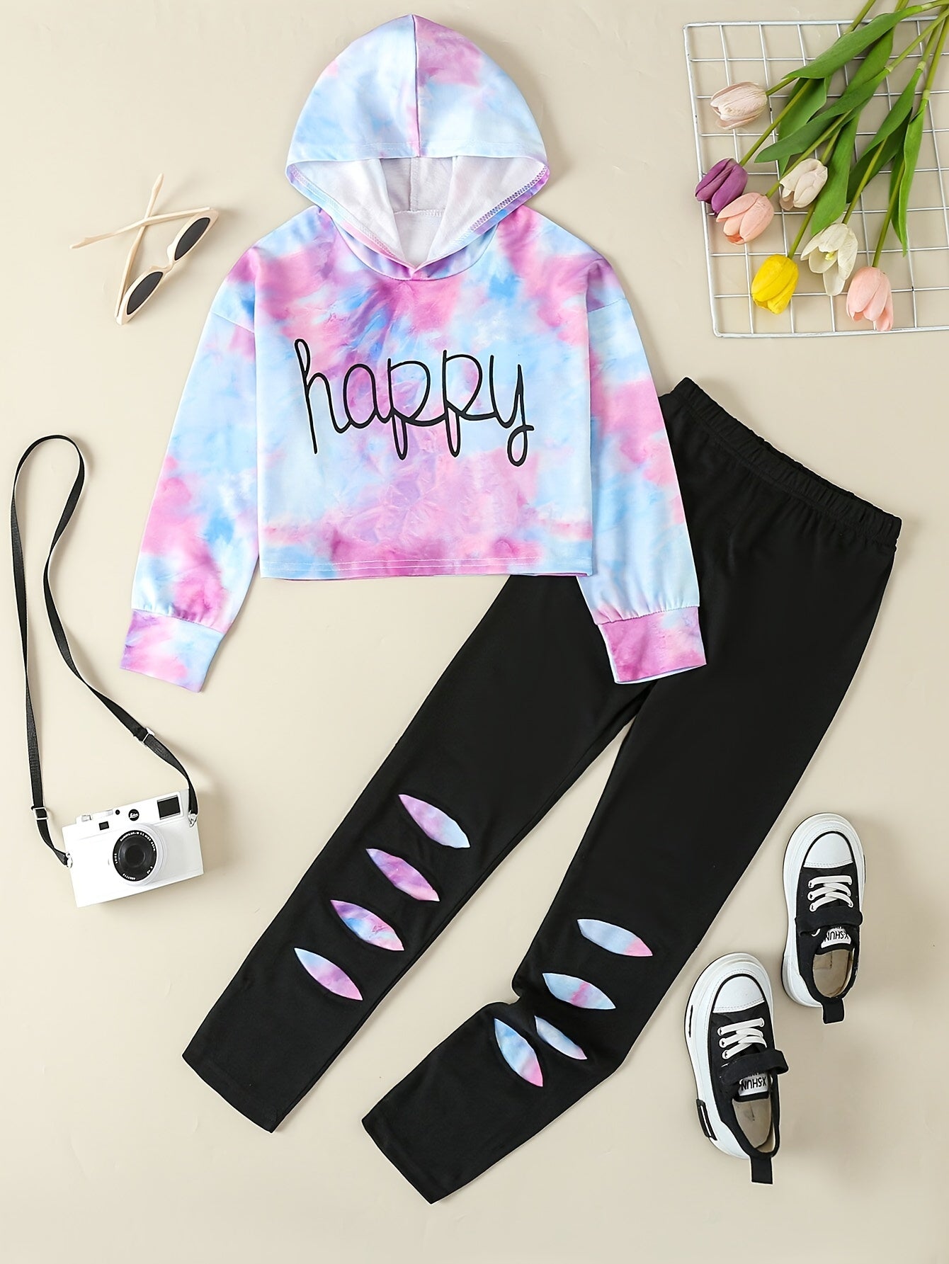 Girls' Tie-Dye Hoodie & Leggings Set - "HAPPY" Print, Stretchy Polyester Blend, Long Sleeve, Casual Sporty Look for Youngsters - Perfect for Fall/Winter, Clothes for Girls, Perfect for Outdoor