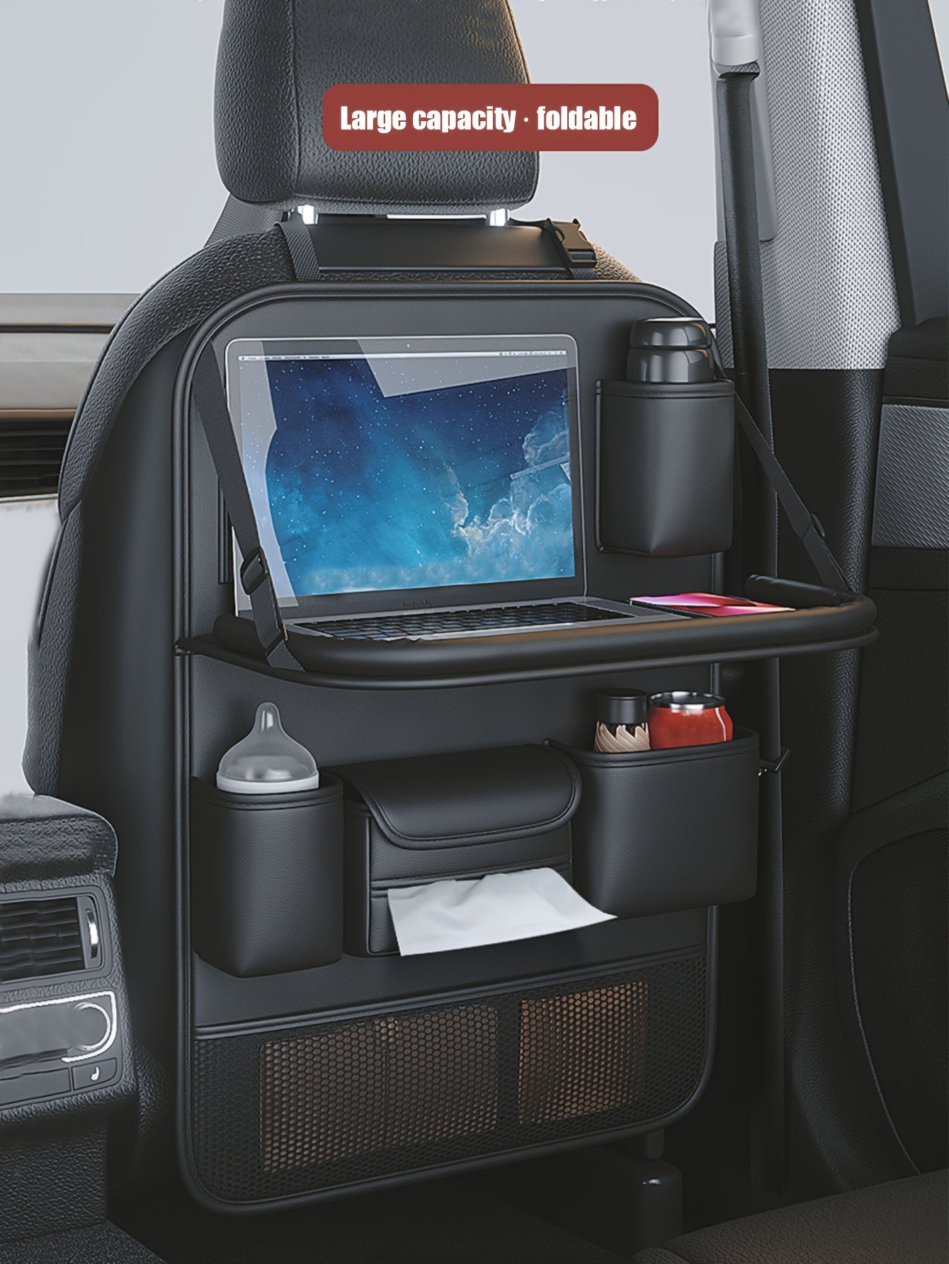PU Leather Car Seat Back Hanging Storage Bag, Car Storage Bag With Folding Table, Multi-functional Storage Bag, Car Accessories