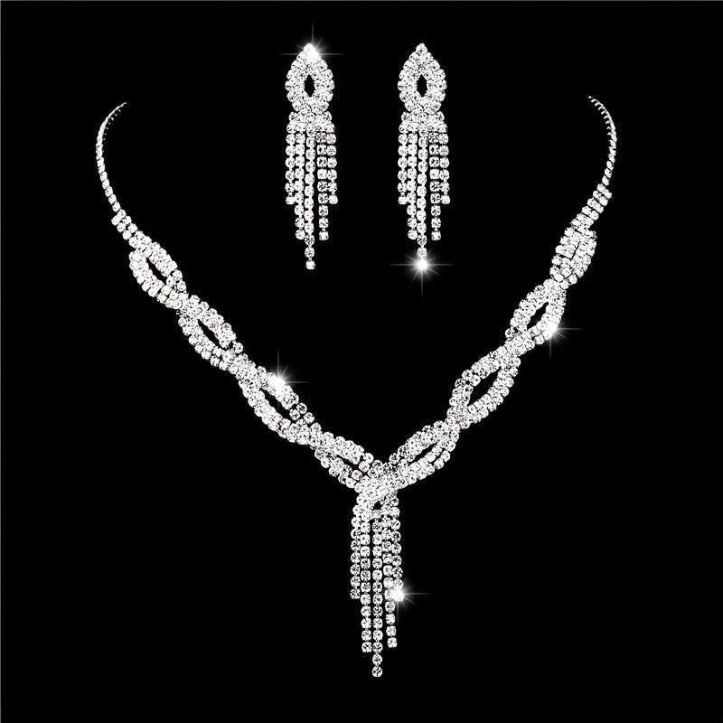 Earrings + Necklace/ Earrings + Necklace + Bracelet Elegant Jewelry Set Inlaid Shining Rhinestone Evening Party Decor