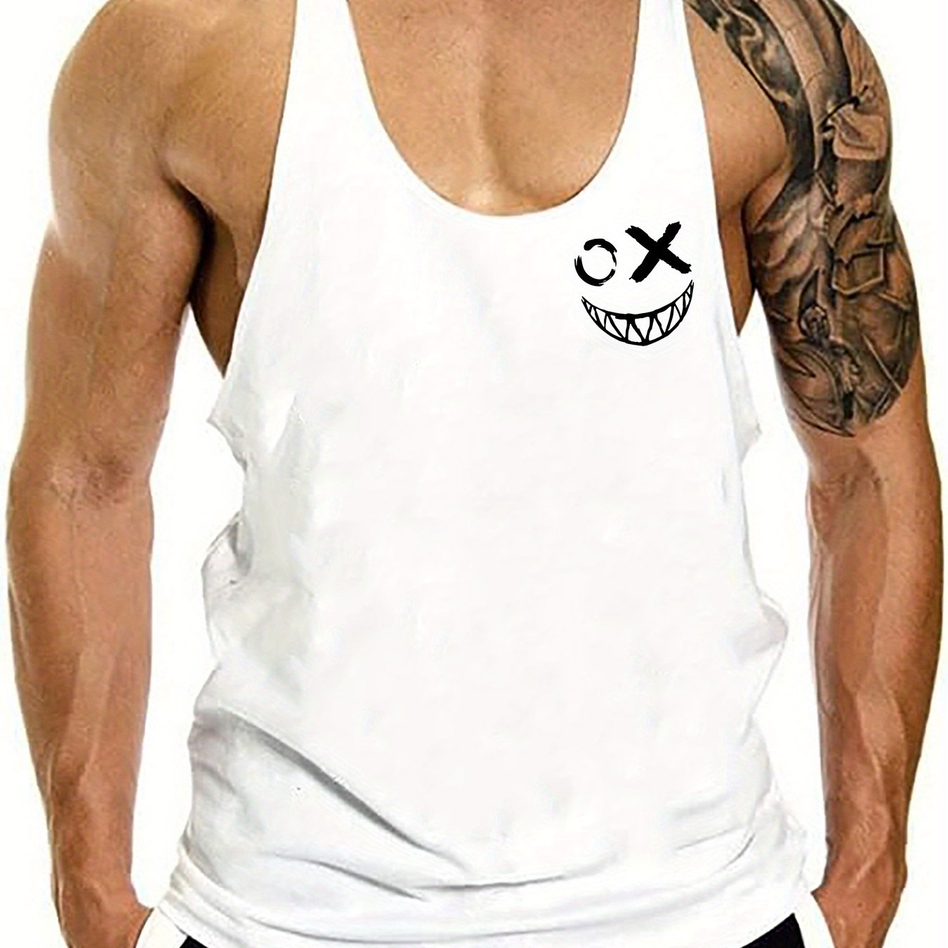 Creative Smile Face Print Men's Quick Dry Moisture-Wicking Breathable Racerback Tops Athletic Gym Bodybuilding Muscle Men Sports Sleeveless Vest For Workout Running Training Men's Clothes