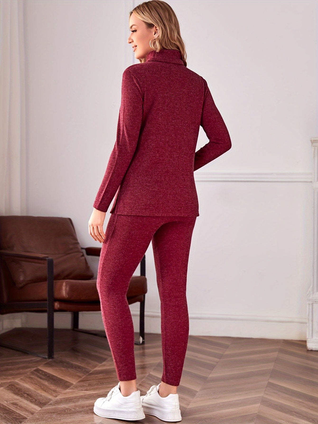 Women's Maternity Solid Textured Turtleneck Tee & Leggings Set, Fashion 2Pcs Outfits, Pregnant Women's Clothing