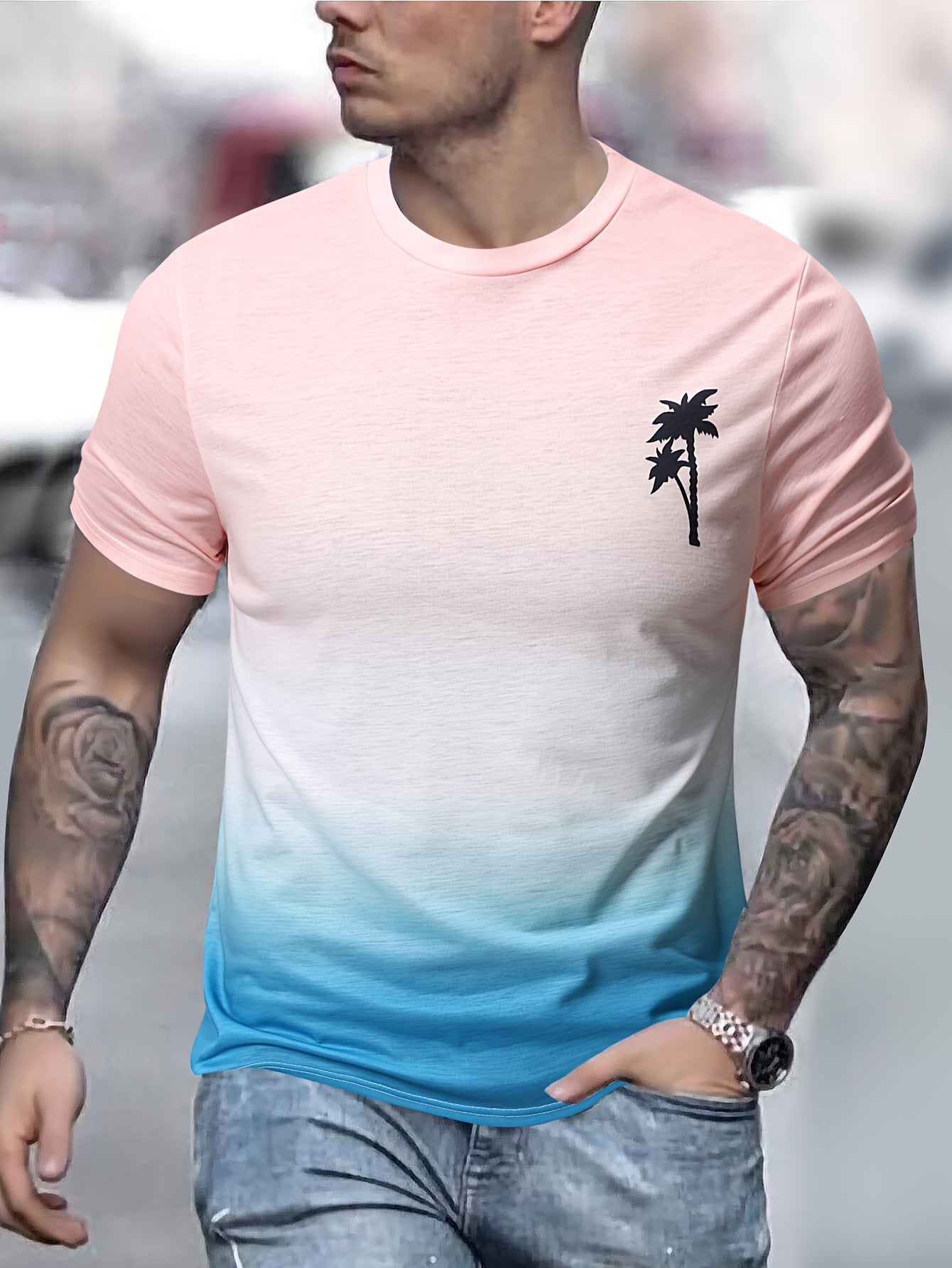 Coconut Tree Pattern Print Men's Comfy Gradient T-shirt, Graphic Tee Men's Summer Outdoor Clothes, Men's Clothing, Tops For Men