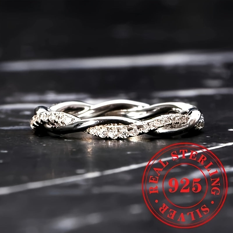 925 Sterling Silvery Classic Cross-Wrapped Synthetic Zirconia Ring, Bridal Engagement Wedding Banquet High-End Jewelry Anniversary Gift Trendy Single Piece