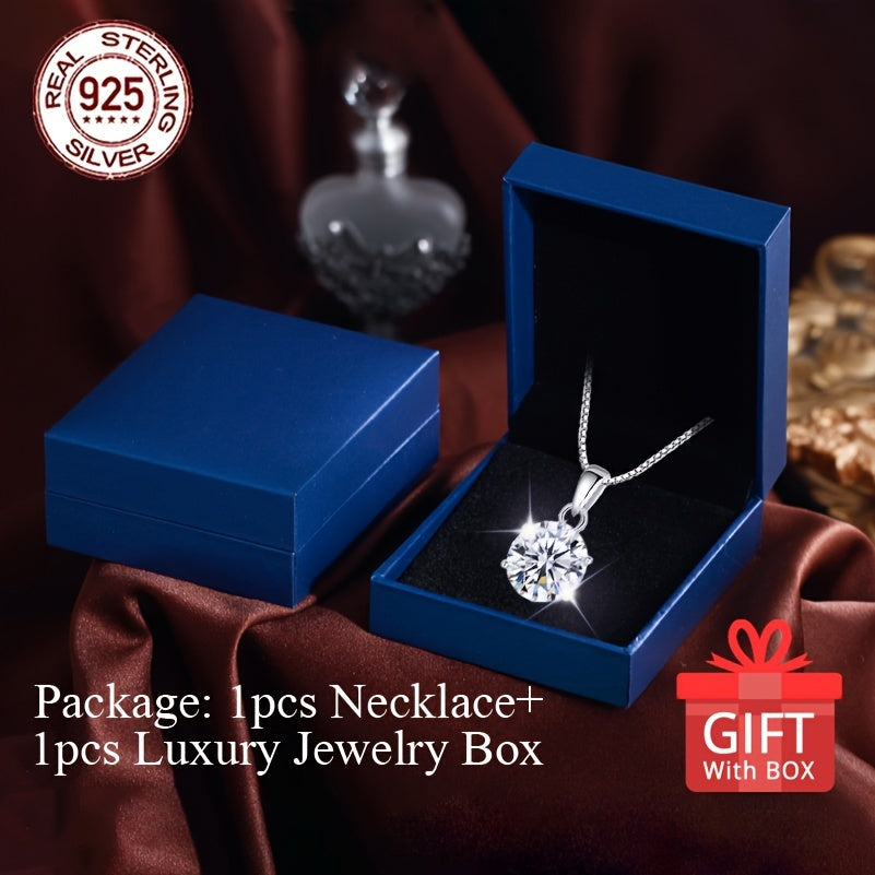 Gift Box Style 1pc S925 Silver Women's Fashion Pendant Necklace 3.14g/0.111oz Classic Shiny Ice Chip Synthetic Zirconia Inlay Elegant Neck Jewelry Best Valentine's Day Gift for Lover Collarbone Chain Necklace Surprise Daily P