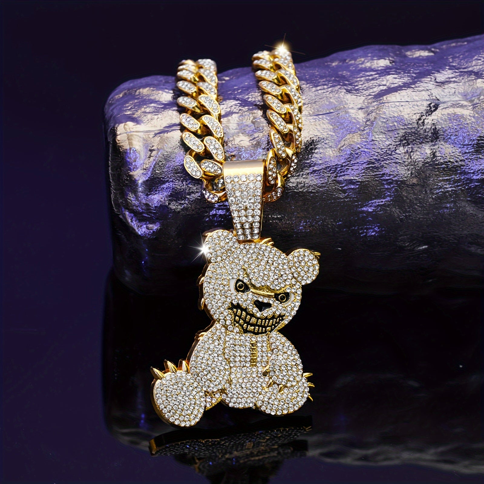 Men's Fashion Beast Bear Pendant Necklace with Rhinestone Studded Cuban Chain - Hip Hop Street Style Jewelry for Party, Festival Wear, Unisex Gift Idea (Includes 1 Pendant)