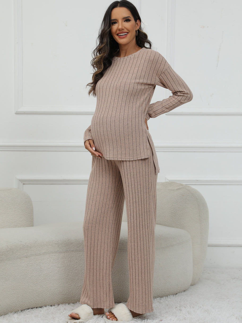 Women's Maternity Solid Textured T-shirt & Pants Set Fall Winter, Pregnant Women's Clothing