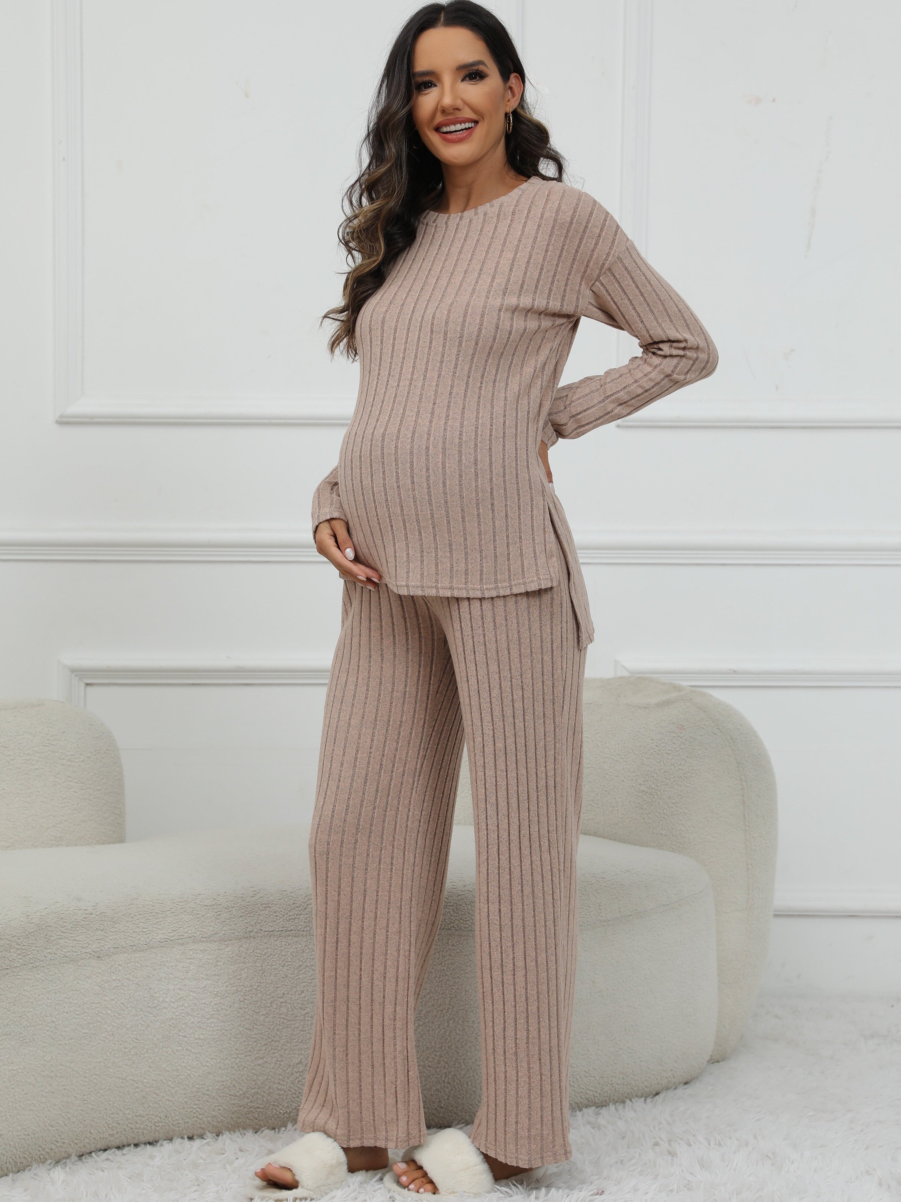 Women's Maternity Solid Textured T-shirt & Pants Set Fall Winter, Pregnant Women's Clothing