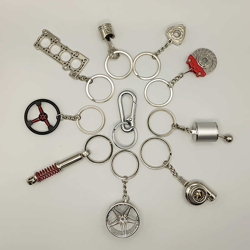 10pcs Car Enthusiast Keychain Set - Zinc Alloy, Casual Style with Gear Shift, Turbo, Wheel Hubs & More - Perfect Gift for Auto Lovers, Car Accessories, Shock Absorber, Engine Parts, Brake Disc, Piston
