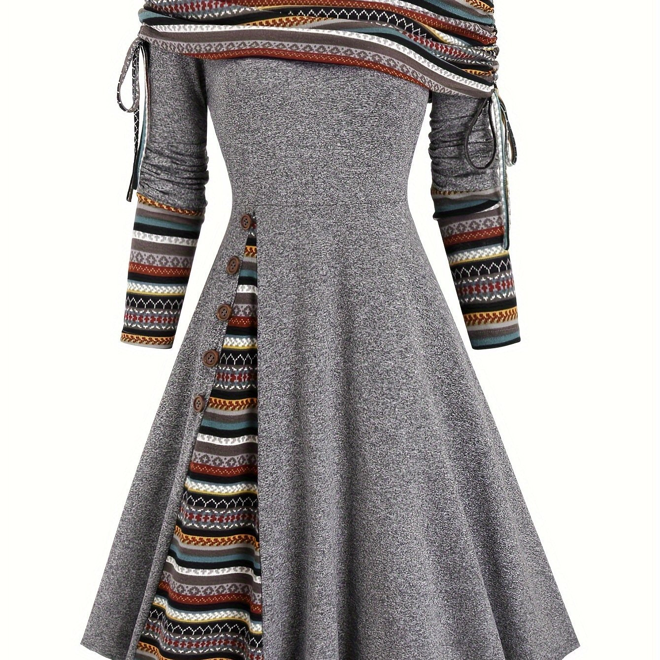 Ethnic Striped Splicing Dress, Elegant Off Shoulder Drawstring Dress, Women's Clothing