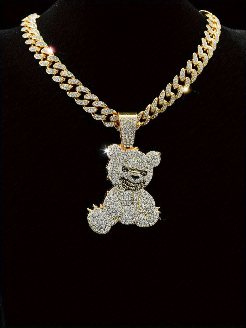 Men's Fashion Beast Bear Pendant Necklace with Rhinestone Studded Cuban Chain - Hip Hop Street Style Jewelry for Party, Festival Wear, Unisex Gift Idea (Includes 1 Pendant)
