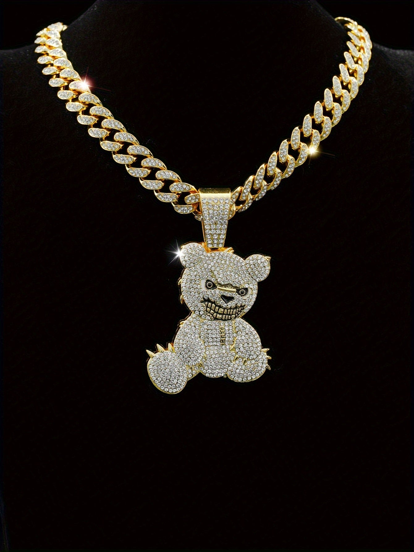 Men's Fashion Beast Bear Pendant Necklace with Rhinestone Studded Cuban Chain - Hip Hop Street Style Jewelry for Party, Festival Wear, Unisex Gift Idea (Includes 1 Pendant)