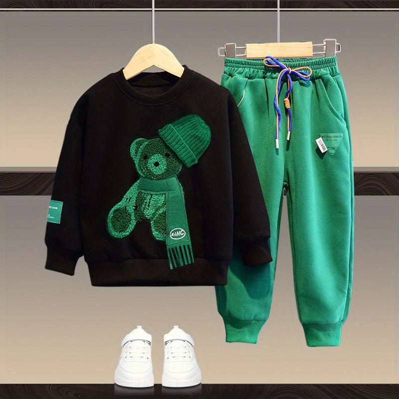 2pcs Boy's Beanie Bear Patched Outfit, Sweatshirt & Sweatpants Set, Trendy Long Sleeve Top, Kid's Clothes For Spring Fall Daily & Outdoor Wear, As Gift