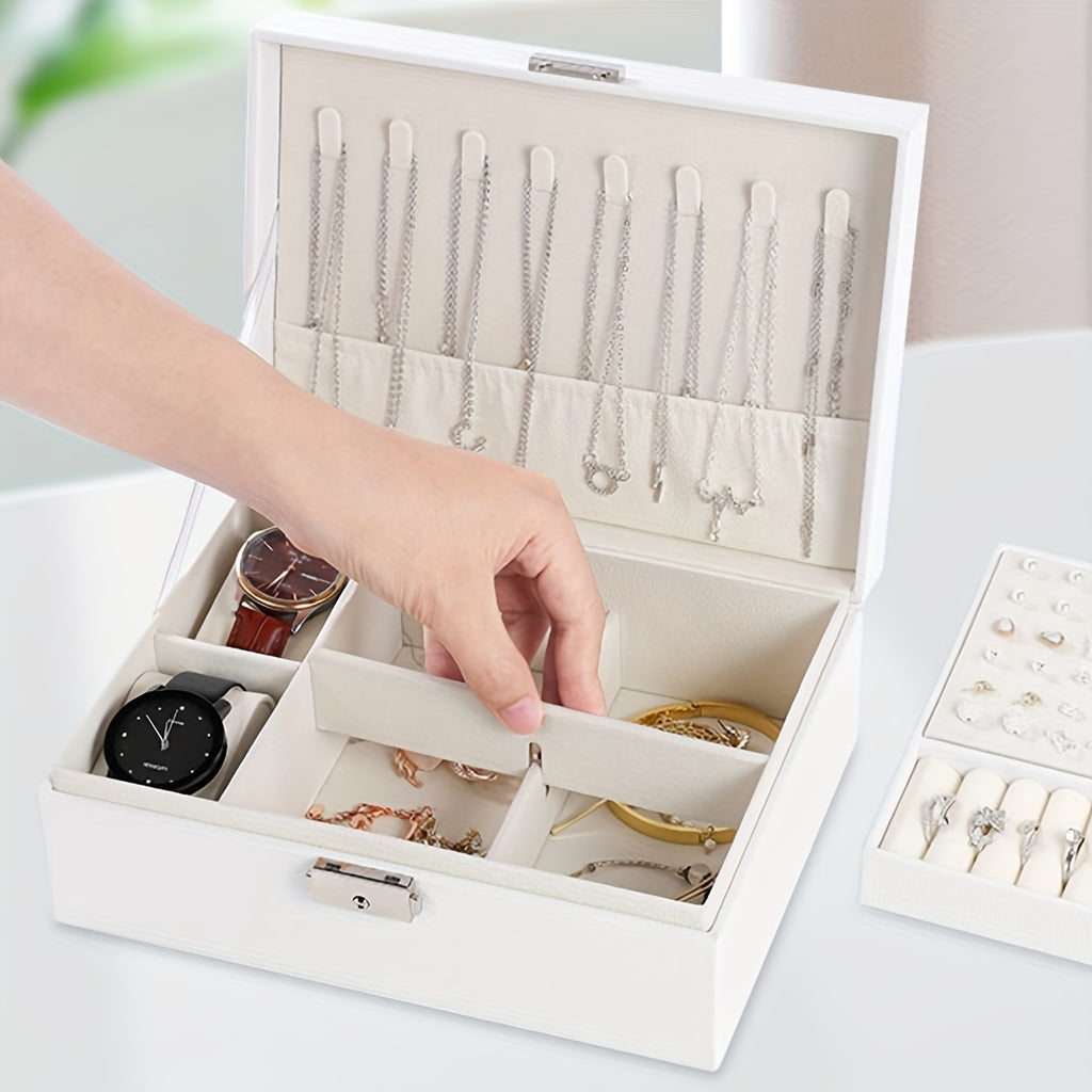 PU Leather Double-layer Jewelry Box, For Earrings, Bracelets, Rings, And Necklaces, Perfect Gift