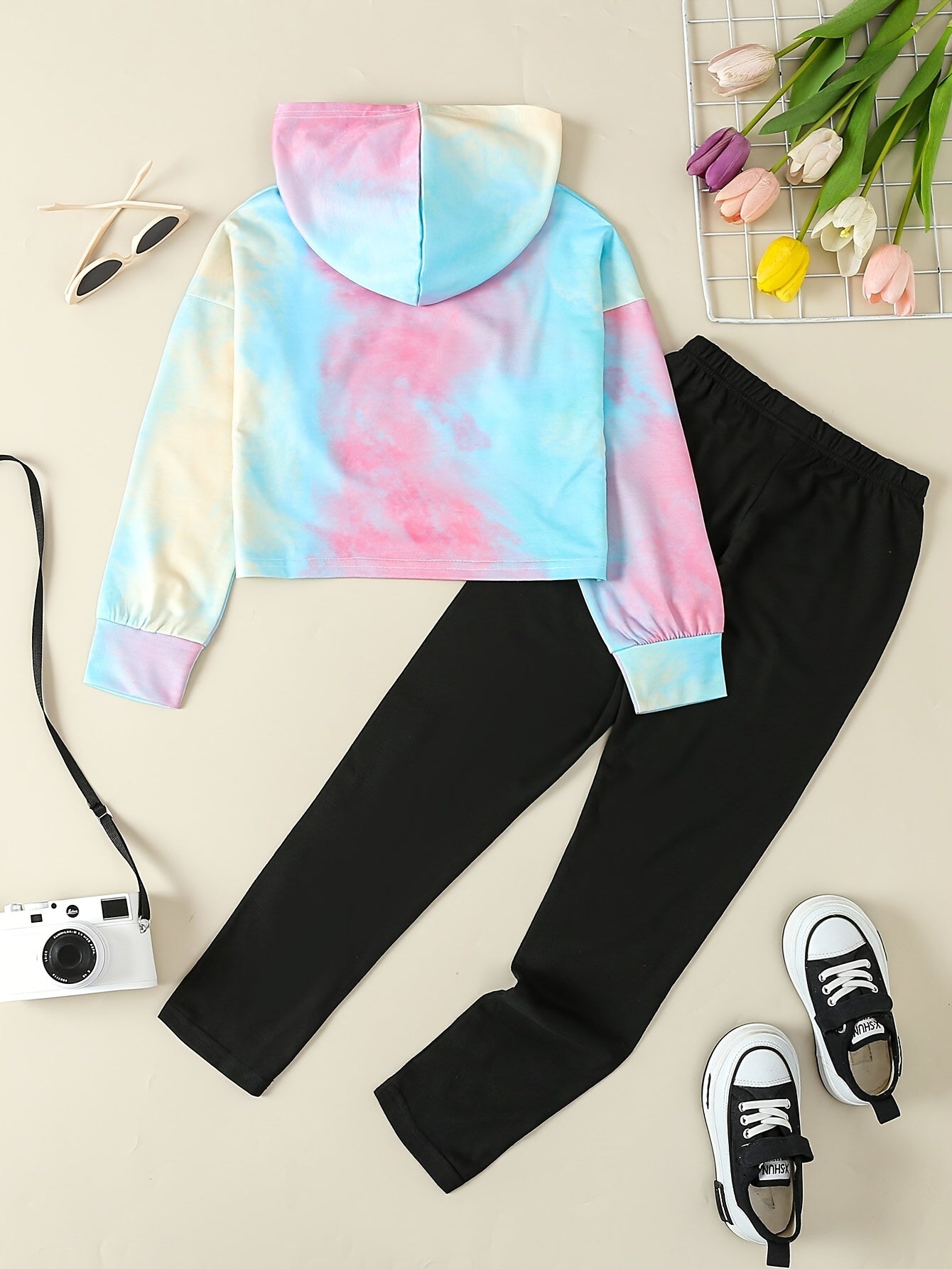 Girls' Tie-Dye Hoodie & Leggings Set - "HAPPY" Print, Stretchy Polyester Blend, Long Sleeve, Casual Sporty Look for Youngsters - Perfect for Fall/Winter, Clothes for Girls, Perfect for Outdoor