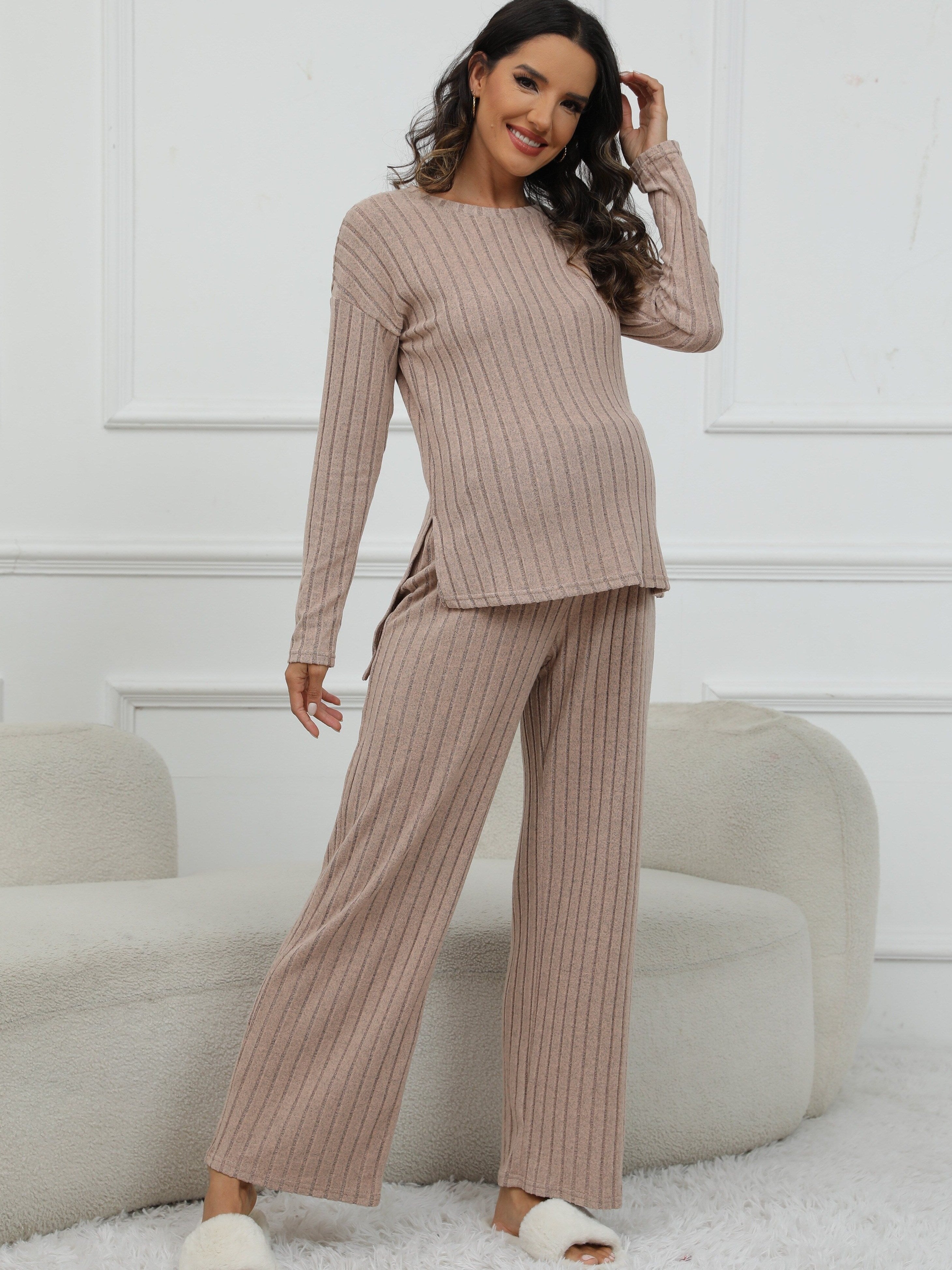Women's Maternity Solid Textured T-shirt & Pants Set Fall Winter, Pregnant Women's Clothing