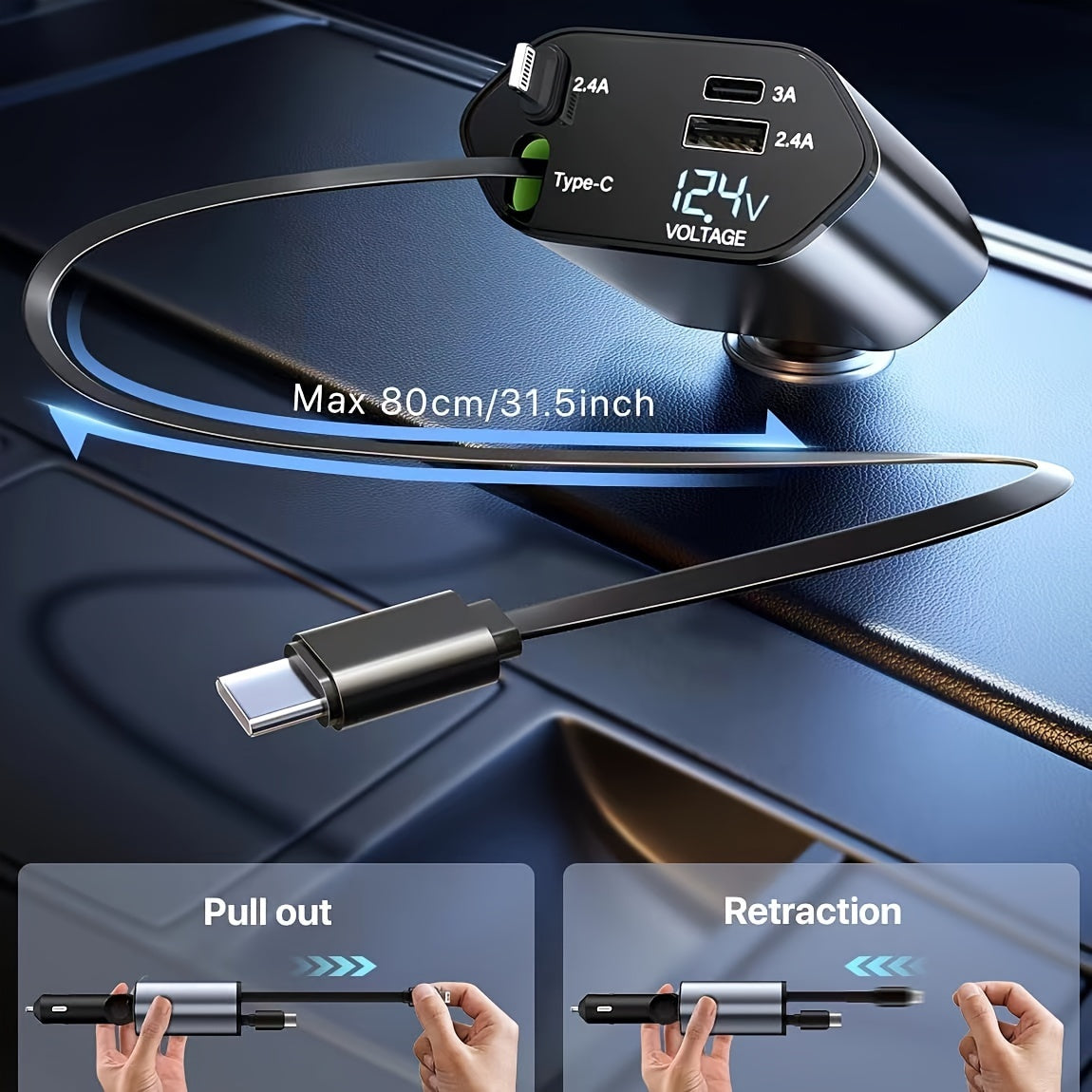 4-In-1 Fast Charging Car Charger Compatible With 120W, Retractable, 180° Free Direction, 79.25cm Retractable Cable & Usb C Port, For Ios & Typec Car Accessories, Including For Iphone 15 14 13 12 11 Pro Max, Galaxy S23, Pixel