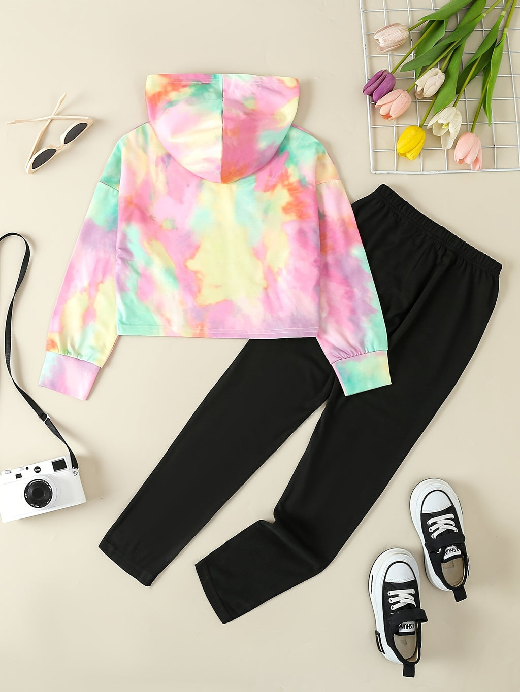 Girls' Tie-Dye Hoodie & Leggings Set - "HAPPY" Print, Stretchy Polyester Blend, Long Sleeve, Casual Sporty Look for Youngsters - Perfect for Fall/Winter, Clothes for Girls, Perfect for Outdoor