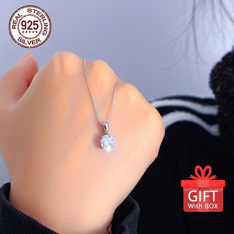 Gift Box Style 1pc S925 Silver Women's Fashion Pendant Necklace 3.14g/0.111oz Classic Shiny Ice Chip Synthetic Zirconia Inlay Elegant Neck Jewelry Best Valentine's Day Gift for Lover Collarbone Chain Necklace Surprise Daily P