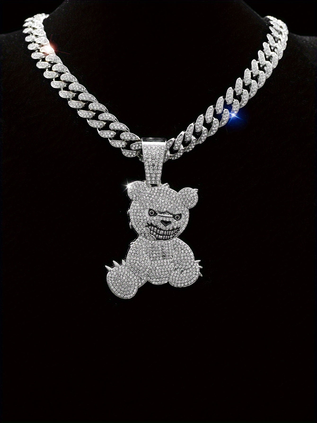 Men's Fashion Beast Bear Pendant Necklace with Rhinestone Studded Cuban Chain - Hip Hop Street Style Jewelry for Party, Festival Wear, Unisex Gift Idea (Includes 1 Pendant)