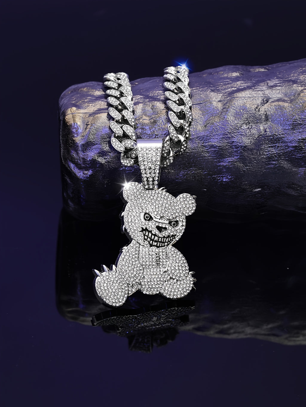 Men's Fashion Beast Bear Pendant Necklace with Rhinestone Studded Cuban Chain - Hip Hop Street Style Jewelry for Party, Festival Wear, Unisex Gift Idea (Includes 1 Pendant)