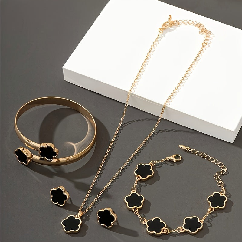Stud Earrings + Necklace + Bracelet + 1 Bangle Chic Jewelry Set Lucky Flower Design Match Daily Outfits Party Accessories