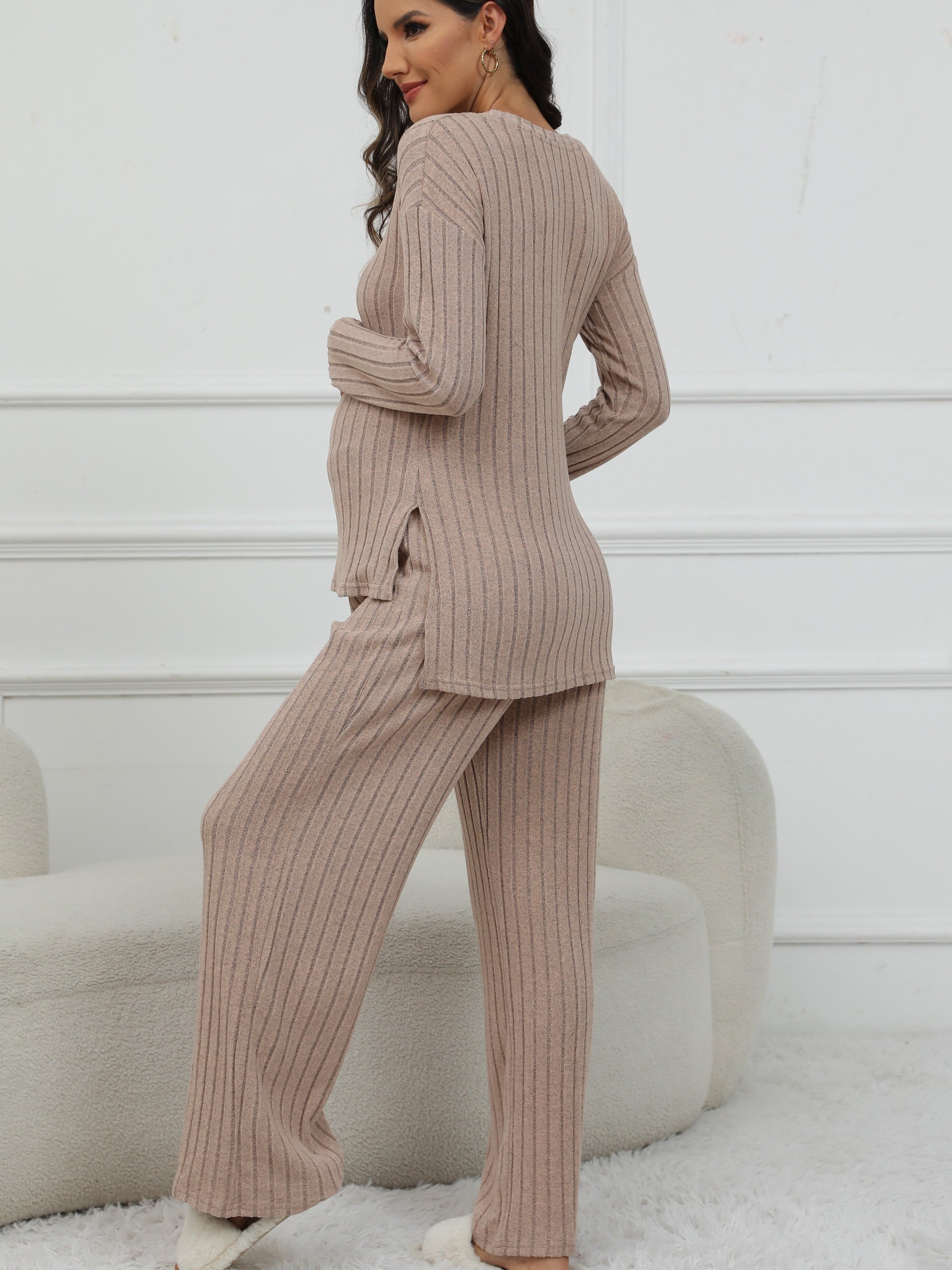 Women's Maternity Solid Textured T-shirt & Pants Set Fall Winter, Pregnant Women's Clothing