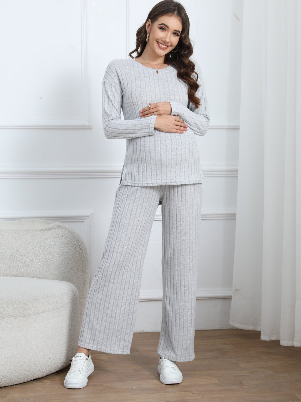 Women's Maternity Solid Textured T-shirt & Pants Set Fall Winter, Pregnant Women's Clothing