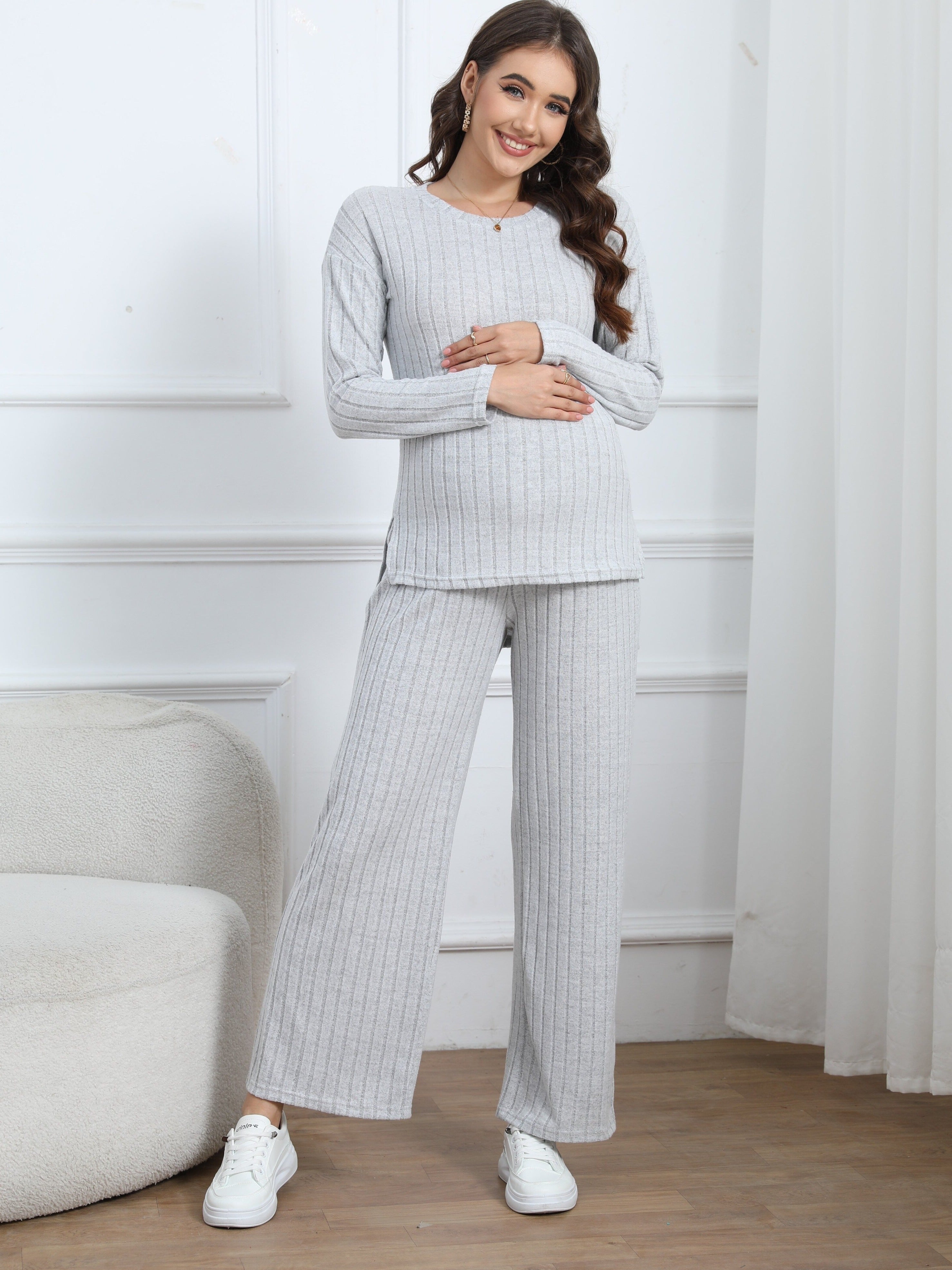 Women's Maternity Solid Textured T-shirt & Pants Set Fall Winter, Pregnant Women's Clothing