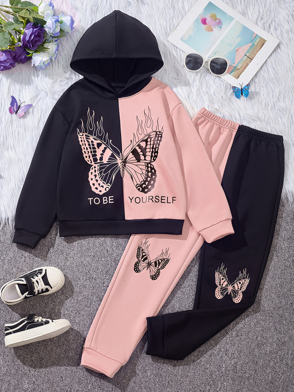 Girl's Butterfly Pattern Outfit 2pcs, Hoodie & Sweatpants Set, TO BE YOURSELF Print Kid's Color Clash Clothes For Spring Fall outdoors