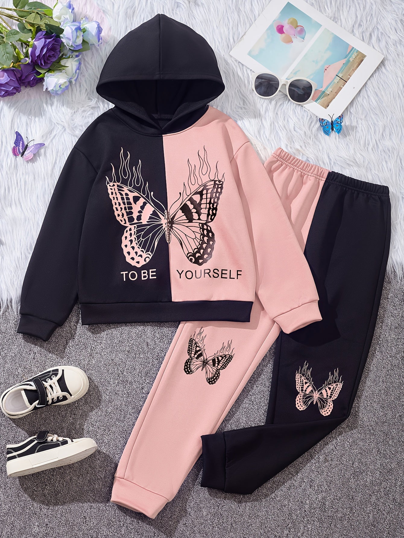Girl's Butterfly Pattern Outfit 2pcs, Hoodie & Sweatpants Set, TO BE YOURSELF Print Kid's Color Clash Clothes For Spring Fall outdoors